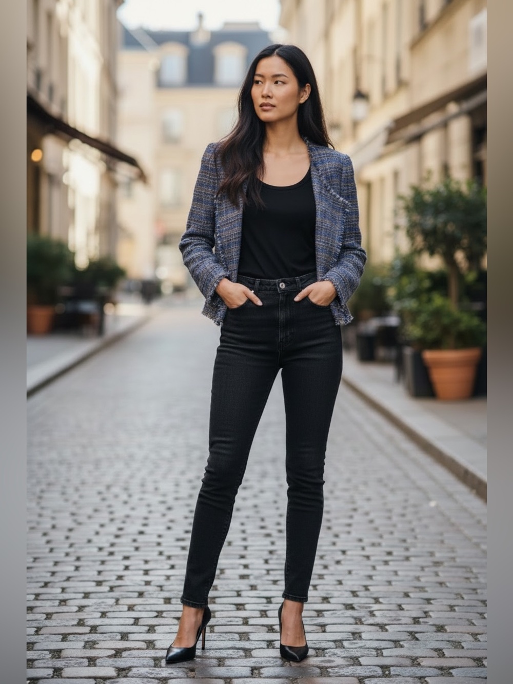 Isabel Marant Etoile Blue and Brown Plaid Tweed Open Blazer